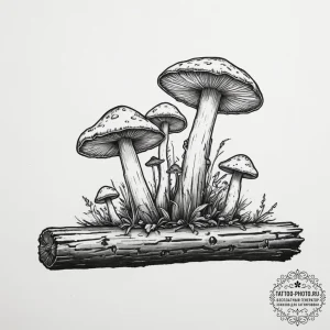 Bioluminescent mushrooms on a log - эскиз тату (№1755307247_0, 16.08.2025 01:20) — tattoo-photo.ru
