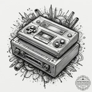 Tattoo sketch a vhs tape of an old console ga... - эскиз тату (№1755308839_0, 16.08.2025 01:47) — tattoo-photo.ru