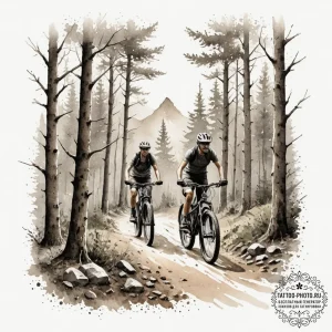 A shot of a mountain biker navigating a narro... - эскиз тату (№1755312477_0, 16.08.2025 02:47) — tattoo-photo.ru