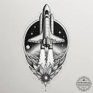 Tattoo sketch a stylized space shuttle taking... - эскиз тату (№1755312674_0, 16.08.2025 02:51) — tattoo-photo.ru