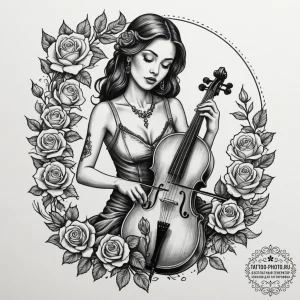 A person playing a cello with intense emotion... - эскиз тату (№1755312882_0, 16.08.2025 02:54) — tattoo-photo.ru