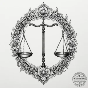 Tattoo sketch libra's scales balanced by gent... - эскиз тату (№1755313480_0, 16.08.2025 03:04) — tattoo-photo.ru