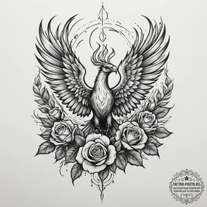 Tattoo sketch a phoenix rising from subtle fl... - эскиз тату (№1755314482_0, 16.08.2025 03:21) — tattoo-photo.ru