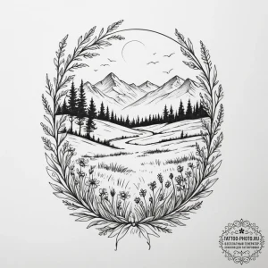 Tattoo design: a landscape of a serene meadow... - эскиз тату (№1755316109_0, 16.08.2025 03:48) — tattoo-photo.ru