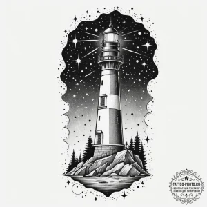 Lighthouse beam revealing constellations, ink... - эскиз тату (№1755316316_0, 16.08.2025 03:51) — tattoo-photo.ru