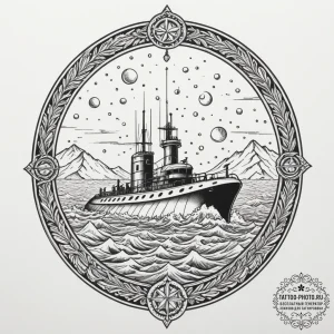 A submarine surfacing in the arctic, breaking... - эскиз тату (№1755318124_0, 16.08.2025 04:22) — tattoo-photo.ru