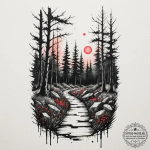 Tattoo design a tranquil forest path leading... - эскиз тату (№1755323752_0, 16.08.2025 05:55) — tattoo-photo.ru