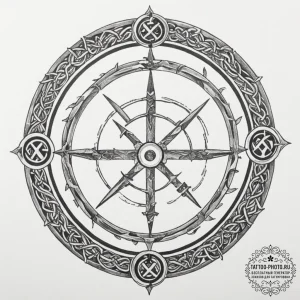 Tattoo design: a kolovrat surrounded by a rin... - эскиз тату (№1755324555_0, 16.08.2025 06:09) — tattoo-photo.ru