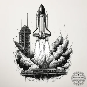 A space shuttle on the launchpad, steam billo... - эскиз тату (№1755325163_0, 16.08.2025 06:19) — tattoo-photo.ru
