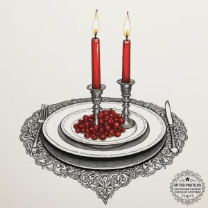 A candlelit dinner for one in a dimly lit roo... - эскиз тату (№1755329772_0, 16.08.2025 07:36) — tattoo-photo.ru