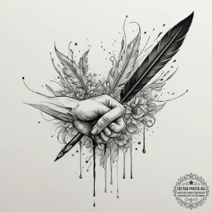 A hand writing with a quill that drips blood,... - эскиз тату (№1755330763_0, 16.08.2025 07:52) — tattoo-photo.ru