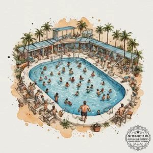 A shot of a crowded public swimming pool on a... - эскиз тату (№1755330962_0, 16.08.2025 07:56) — tattoo-photo.ru
