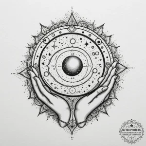 Tattoo sketch a celestial body being held by... - эскиз тату (№1755331359_0, 16.08.2025 08:02) — tattoo-photo.ru