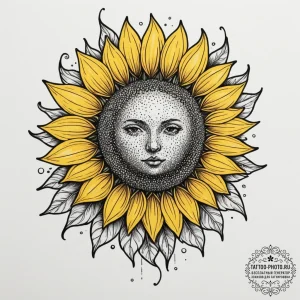 A field of sunflowers, all facing the sun., a... - эскиз тату (№1755340605_0, 16.08.2025 10:36) — tattoo-photo.ru
