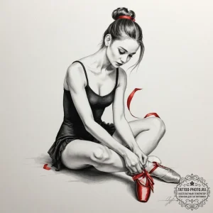 A ballerina tying the ribbons on her pointe s... - эскиз тату (№1755343420_0, 16.08.2025 11:23) — tattoo-photo.ru