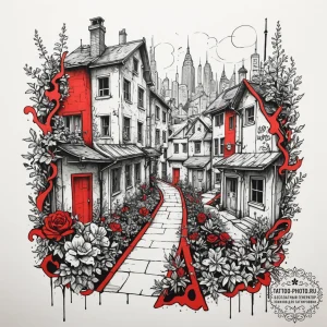 A hidden courtyard garden in the middle of a... - эскиз тату (№1755344027_0, 16.08.2025 11:33) — tattoo-photo.ru