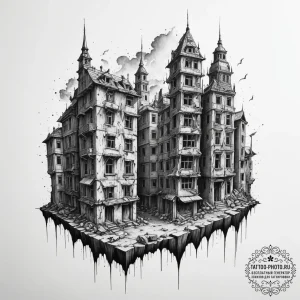 Tattoo sketch a post-apocalyptic cityscape wi... - эскиз тату (№1755347428_0, 16.08.2025 12:30) — tattoo-photo.ru