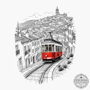 A vintage tram climbing a steep hill in lisbo... - эскиз тату (№1755348839_0, 16.08.2025 12:53) — tattoo-photo.ru