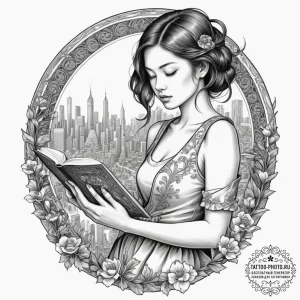 A young woman reading a book on a crowded tok... - эскиз тату (№1755354042_0, 16.08.2025 14:20) — tattoo-photo.ru