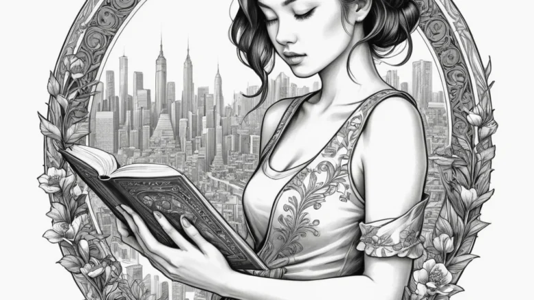 A young woman reading a book on a crowded tok... - эскиз тату (№1755354042_0, 16.08.2025 14:20) — tattoo-photo.ru