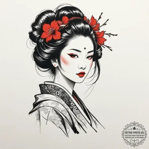 Geisha, tattoo sketch design, black outline o... - эскиз тату (№1755356048_0, 16.08.2025 14:54) — tattoo-photo.ru