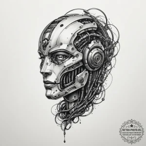 Tattoo sketch a broken robot head with wires... - эскиз тату (№1755366244_0, 16.08.2025 17:44) — tattoo-photo.ru