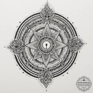 A key unlocking a galaxy in a keyhole, tattoo... - эскиз тату (№1755370080_0, 16.08.2025 18:48) — tattoo-photo.ru