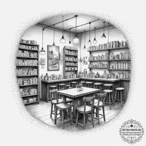 A shot of a crowded bookstore cafe., artistic... - эскиз тату (№1755371468_0, 16.08.2025 19:11) — tattoo-photo.ru