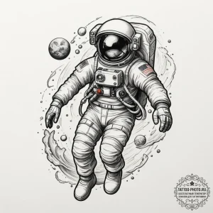 Astronaut floating in the ocean, tattoo flash... - эскиз тату (№1755371668_0, 16.08.2025 19:14) — tattoo-photo.ru