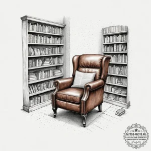 A quiet corner of a used bookstore, with over... - эскиз тату (№1755372259_0, 16.08.2025 19:24) — tattoo-photo.ru