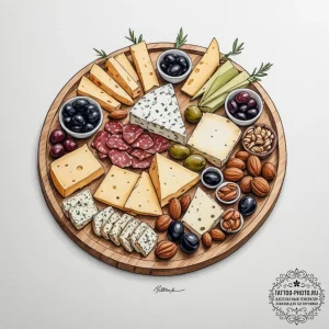 A charcuterie board with a variety of cheeses... - эскиз тату (№1755372461_0, 16.08.2025 19:27) — tattoo-photo.ru