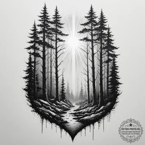 A dark, moody forest with rays of light break... - эскиз тату (№1755374240_0, 16.08.2025 19:57) — tattoo-photo.ru