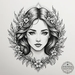 A serene tattoo sketch of the goddess lada, h... - эскиз тату (№1755377209_0, 16.08.2025 20:46) — tattoo-photo.ru