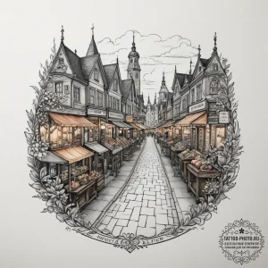 Tattoo design a vibrant market street from a... - эскиз тату (№1755378207_0, 16.08.2025 21:03) — tattoo-photo.ru
