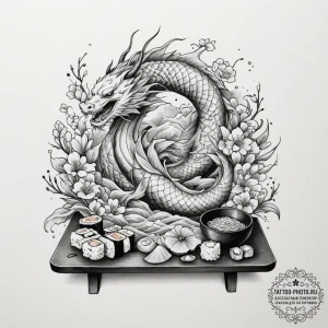 A spread of sushi and sashimi arranged artful... - эскиз тату (№1755379400_0, 16.08.2025 21:23) — tattoo-photo.ru