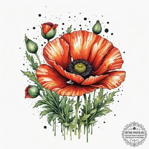 A poppy flower field, ink illustration for ta... - эскиз тату (№1755381990_0, 16.08.2025 22:06) — tattoo-photo.ru