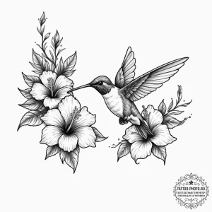 A hummingbird drinking from a hibiscus flower... - эскиз тату (№1755385357_0, 16.08.2025 23:02) — tattoo-photo.ru