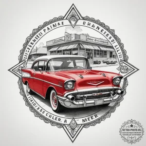 A classic, cherry red 1957 chevrolet bel air... - эскиз тату (№1755390101_0, 17.08.2025 00:21) — tattoo-photo.ru