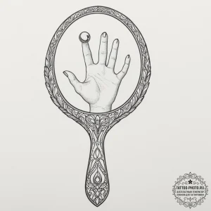 A hand mirror reflecting a ghostly figure, ta... - эскиз тату (№1755392477_0, 17.08.2025 01:01) — tattoo-photo.ru