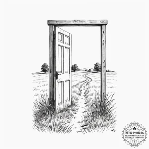 A door standing alone in a field - эскиз тату (№1755393071_0, 17.08.2025 01:11) — tattoo-photo.ru