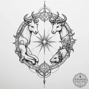 Tattoo sketch a zodiac symbol where one half... - эскиз тату (№1755394862_0, 17.08.2025 01:41) — tattoo-photo.ru