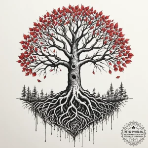 A tree with its roots exposed, forming a laby... - эскиз тату (№1755398841_0, 17.08.2025 02:47) — tattoo-photo.ru