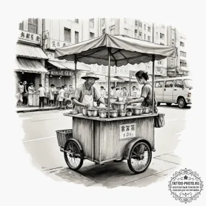 A street food vendor serving noodles from a c... - эскиз тату (№1755401007_0, 17.08.2025 03:23) — tattoo-photo.ru
