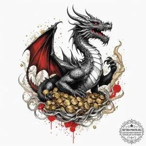 Dragon guarding a hoard of gold, artistic tat... - эскиз тату (№1755404147_0, 17.08.2025 04:15) — tattoo-photo.ru