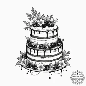 A beautiful, multi-layered cake decorated wit... - эскиз тату (№1755404740_0, 17.08.2025 04:25) — tattoo-photo.ru