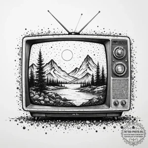 Tattoo sketch an old crt tv displaying a futu... - эскиз тату (№1755405326_0, 17.08.2025 04:35) — tattoo-photo.ru