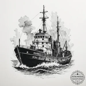 A shot of a tugboat guiding a large ship into... - эскиз тату (№1755406312_0, 17.08.2025 04:51) — tattoo-photo.ru