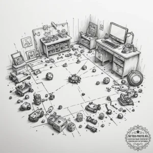 A child's messy playroom, with toys scattered... - эскиз тату (№1755416520_0, 17.08.2025 07:42) — tattoo-photo.ru