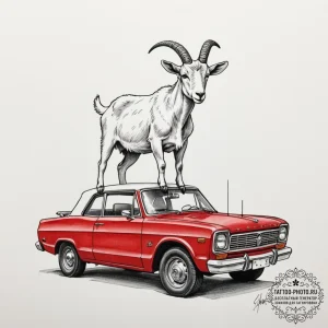 A curious goat standing on the roof of a car.... - эскиз тату (№1755420855_0, 17.08.2025 08:54) — tattoo-photo.ru