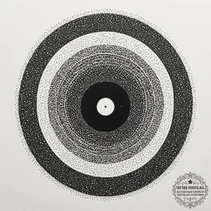 A close-up of a vinyl record's spinning label... - эскиз тату (№1755421450_0, 17.08.2025 09:04) — tattoo-photo.ru